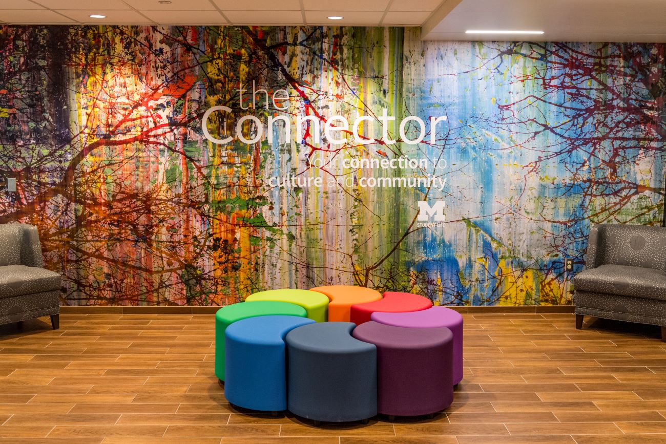 The rainbow tree mural in The Connector lounge